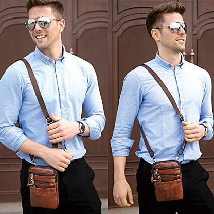 Cell Phone Shoulder Bag Leather Men, Waterproof Phone Waist Bag Messenger Bag Crossbody Purse with Belt Loop Wallet Case - color: Coffee