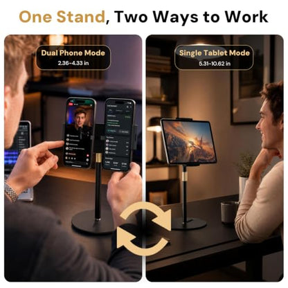 Tablet Stand for Desk, Height Adjustable 9.8-20" iPad Stand Holder with Dual Device Support, Heavy Duty Metal Base 360° Rotation Portable Monitor Stand for iPad Pro Samsung Tab Kindle Phone