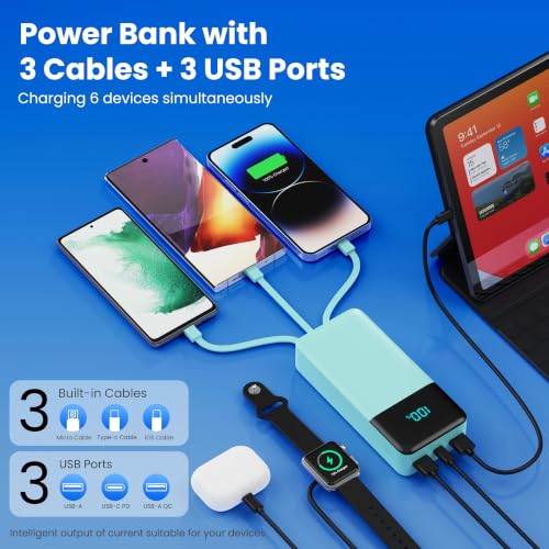Portable Charger 50800mAh Power Bank with 3 Built in Cables,25W PD QC4.0 Fast Charging USB C Battery Pack,6 Outputs 2 Inputs Travel Essentials Phone Charger for iPhone 18/17/16/15/Pro,Android,Green - color: Green