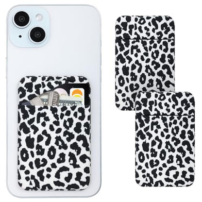 Credit Card Holder Phone Wallet Stick On, 2 Pack Adhesive Cell Phone Sleeve for iPhone/Samsung/Android,Cute Sticky Wallet Phone Case Accessories for Women,White Leopard