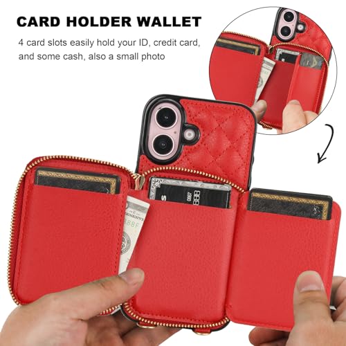 Bocasal Crossbody Wallet Case Card Holder for iPhone 16, Red | RFID Blocking PU Leather Zipper Handbag Purse, Kickstand Flip Folio Case with Card Slots Holder Wrist Strap Lanyard 6.1 Inch - color: Red