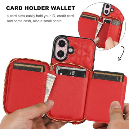 Bocasal Crossbody Wallet Case Card Holder for iPhone 16, Red | RFID Blocking PU Leather Zipper Handbag Purse, Kickstand Flip Folio Case with Card Slots Holder Wrist Strap Lanyard 6.1 Inch - color: Red