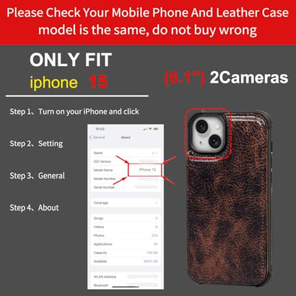 Wallet Real Leather Case Compatible with iPhone 15 6.1" | Genuine Leather,Shockproof, Anti-Fall Case,Flip Cover,with Card Slot,Double Magnetic Buckle,Kickstand,RFID Blocking Coffe - color: Brown Coffee, size: 6.1"-15