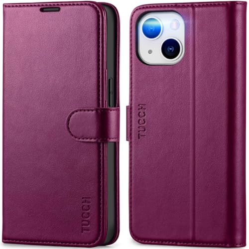 TUCCH Wallet Case for iPhone 13 (6.1") 2021, 3 Card Holders, Plum Purple | RFID Blocking, Viewing Stand, Shockproof TPU Shell, PU Leather, Magnetic Closure, Protective Folio Flip Cover - color: Plum Purple