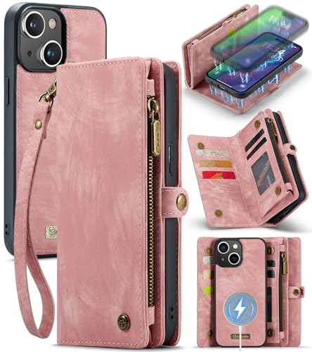 Compatible with iPhone 15 Wallet Case with Magsafe,Pink | Magnetic Detachable Case,Card Holder,Zipper Pocket,Strap Wristlet, Soft Leather Drop-Proof Phone Case for iPhone 15 6.1" - color: Pink, size: iPhone 15 6.1"