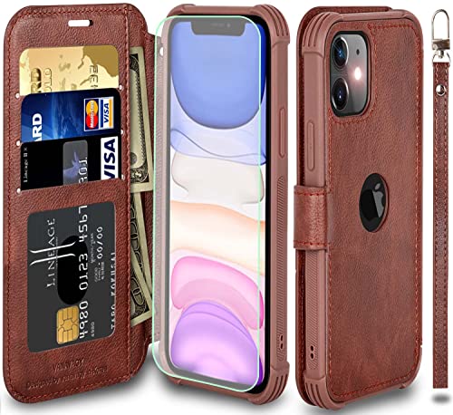 VANAVAGY Wallet Case for iPhone 11 6.1 inch, Brown | 12ft Drop-proof Cover for Women Men, Silm PU Leather, RFID Blocking Card Holder, Wrist Strap, Screen Protector - color: Brown