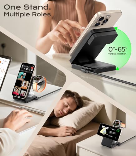Meifigno 3 in 1 Foldable Wireless Charger for Apple Multiple Devices, Black - color: Black