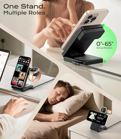 Meifigno 3 in 1 Foldable Wireless Charger for Apple Multiple Devices, Black - color: Black