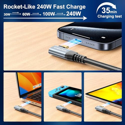 ZeroneTeck USB C Monitor Cable 8K@60Hz/4K@144Hz, Right Angle Display Video Output, 40Gbps High Speed Data Transfer, USB 4 for Thunderbolt 4, 240W Fast Charge for iPhone 17, MacBook, SSD, Lenovo - 5FT - size: 5FT, style: Right Angle