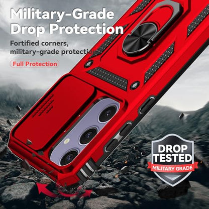 for Samsung Galaxy S24 FE Case with Camera Lens Cover HD Screen Protector, Dual Layer Military-Grade Drop Tested Magnetic Ring Holder Kickstand Protective Phone Case for Galaxy S24 FE (Red) - color: Red with camera cover Military-Grade 2nd gen