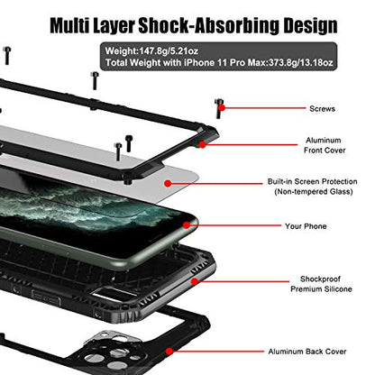 Beasyjoy for iPhone 11 Pro Max Case Waterproof Metal Case Heavy Duty Built-in Screen Full Body Protective Shockproof Military Grade Black - color: Black, size: iPhone 11 Pro Max