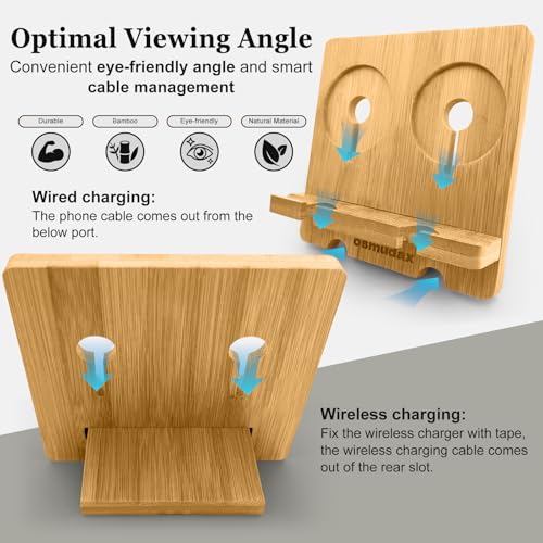Bamboo Dual Cell Phone Holder for iPhone/iPad, Wood Wireless Charging Station Tablet Holder Nightstand, Double Phone Holder Desktop Stand for iPhone 18/17/16/15/14/13/12/11 and Android