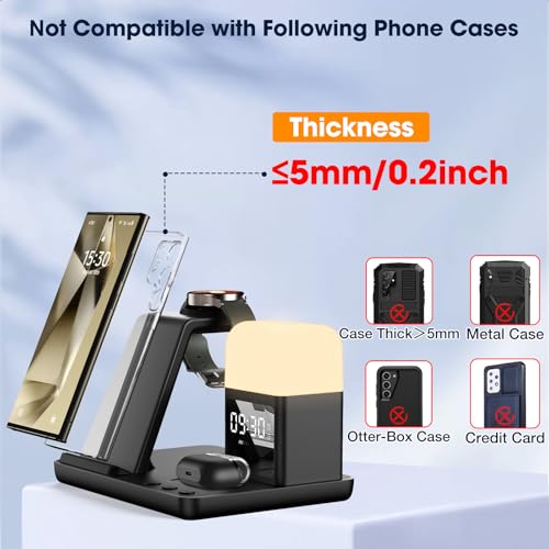 Wireless Charger for Samsung/Android, 6 in 1 Phone Nightstand Charging Station Charger with Alarm Clock/Night Light for Samsung S26/S25/S24 Ultra/Buds4,Watch Charger for Galaxy Watch 8/7/6/5 - color: Ink Black