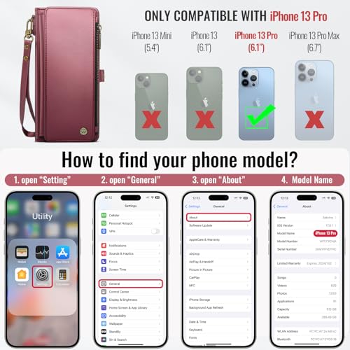 Defencase for iPhone 13 Pro Wallet Case with RFID Card Holder, Wine Red | Durable Soft PU Leather, with Zipper Pocket, Wrist Strap, Fashion Snap Flip Phone Cases Cover with Stand for Women and Men - color: Wine Red