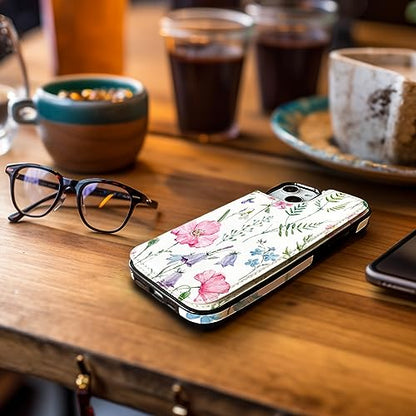 uCOLOR for iPhone 13/14 Wallet Case with Card Holder Pink Flowers | PU Leather RFID Blocking for Women Men Magnetic Clasp Kickstand - color: Pink Flowers