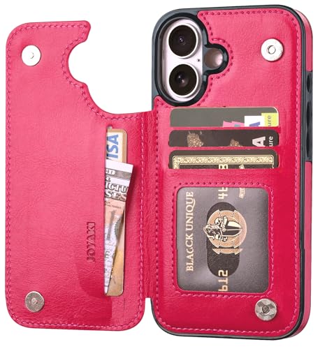Wallet Case Compatible with iPhone 16 Plus 6.7”, Slim Protective Case with Card Holder,Premium PU Leather Kickstand Card Slots Case with Double Magnetic Clasp-Rosered - color: Rosered, size: iphone 16 Plus 6.7"