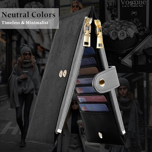 Travelambo RFID Wallet Women Bifold Multi Card Wallet Case with Zipper Pocke Credit Card Holder for Women - color: Black & Grey