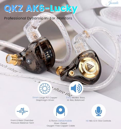 Wired Gaming Earbuds with Mic, 11mm Dynamic Driver HiFi in Ear Monitors, 3-Way Adjustable Tuning Switch Detachable Cable IEM Earphones, Deep Bass Noise Isolating Headphones for Musician Game PC Laptop - color: Black