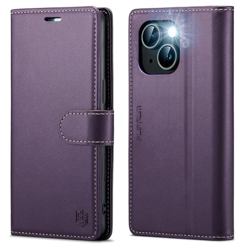 FLIPALM Card Holder Wallet Case for iPhone 15 6.1", Purple | RFID Blocking, PU Leather Folio Flip, Kickstand, Protective Shockproof Cover - color: Purple, size: iPhone 15-6.1"