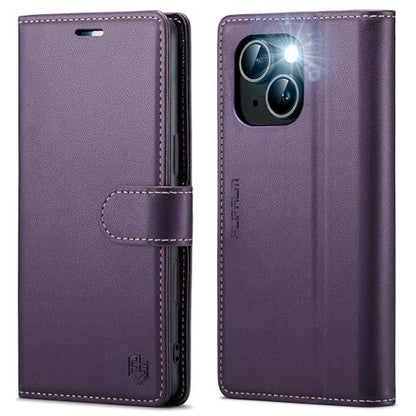 FLIPALM Card Holder Wallet Case for iPhone 15 6.1", Purple | RFID Blocking, PU Leather Folio Flip, Kickstand, Protective Shockproof Cover - color: Purple, size: iPhone 15-6.1"