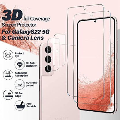 Galaxy S22 Tempered Glass Screen Protector + Camera Lens Protector [ 2 + 2 Pack ][Case Friendly] [Anti-Scratch] [Ultrasonic Fingerprint Unlock] Clear HD Glass Protective Film for Samsung Galaxy S22 - size: Galaxy S22(6.1")