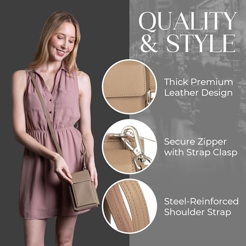 BULL GUARD Crossbody Bag for Women, Leather Phone Wallet Purse with Adjustable Anti Theft Strap & RFID Blocking 12 Card Slots - color: Xtraroom in Soft Grey Whisper Frappe