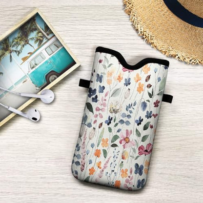 Universal Neoprene Cell Phone Pouch 7.1 X 4 in Mobile Protection Case Bag with Crossbody Strap/Neck Lanyard Colorful Boho Leaf Printed Pattern - color: Colorful Boho Leaf Printed Pattern