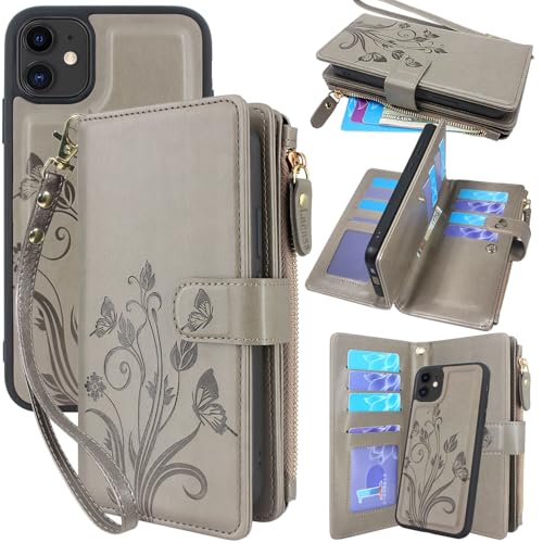 Case Wallet Compatible with iPhone 16e/17e, [12 Card Slots] ID Credit Cash Holder Zipper Pocket Detachable Leather Wallet Cover with Wrist Strap Lanyard（Floral Gray） - color: Floral Gray