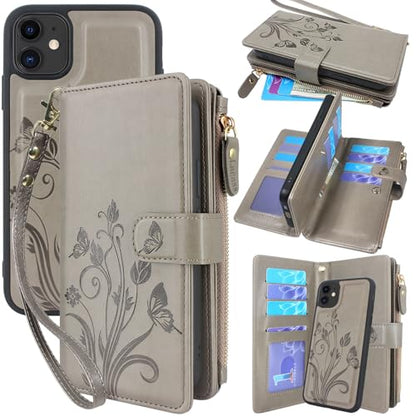Case Wallet Compatible with iPhone 16e/17e, [12 Card Slots] ID Credit Cash Holder Zipper Pocket Detachable Leather Wallet Cover with Wrist Strap Lanyard（Floral Gray） - color: Floral Gray