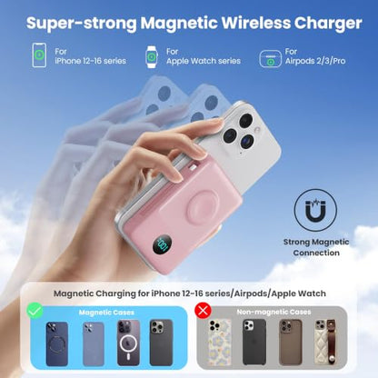 Ekrist Magnetic Portable Charger 10800mAh for MagSafe with Built-in Cable,iWatch Charger,Wireless Power Bank Travel Essentials,25W Fast Charging Battery Pack for iPhone 17/16/15/14,Apple Watch(Pink) - color: Pink