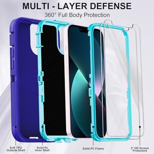 for iPhone 13 Case with 2 Screen Protector,Shockproof Drop Protection Full Body Heavy Duty 3 Layer Military Rugged Durable Phone Cover for Apple iPhone 13 6.1" (Purple) - color: Purple