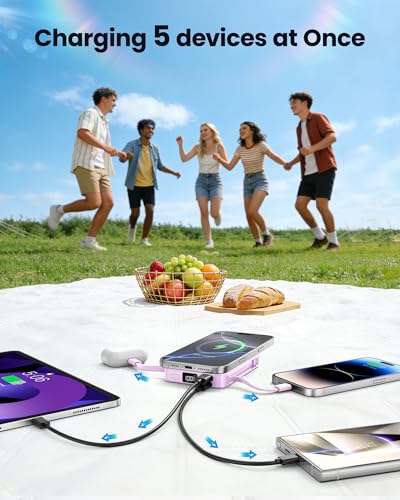 Magnetic Portable Charger 10000mAh Built in Cable for Magsafe Power Bank - color: Purple