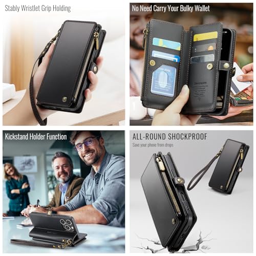 Defencase for iPhone 13 Pro Wallet Case with RFID Card Holder, Black | Durable Soft PU Leather, with Zipper Pocket, Wrist Strap, Fashion Snap Flip Phone Cases Cover with Stand for Women and Men - color: Black