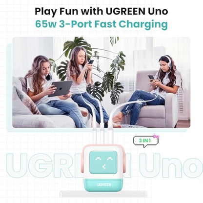 UGREEN Uno 65W 3-Port USB C Charger Adapter, GaN Fast Charging Block, Green - color: Pink Blue