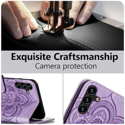 EYZUTAK Case for Samsung Galaxy A15 4G/5G, Premium Leather Magnetic Closure Flip Wallet Phone Case with Card Holder Cash Slot Stand Function Embossed Mandala Flower Shockproof Lanyard Cover - Purple - color: Purple, size: Samsung Galaxy A15 4G/5G