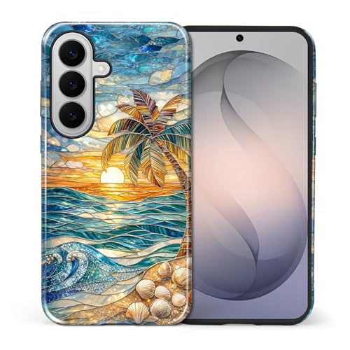 for Samsung Galaxy S26+ Case, Shockproof 2-in-1 Double Protective Cover for Women Girls Men Boys, Exquisite Design Anti Scratch Stylish Phone Case Aesthetic, Stained Glass Beach Palm - color: Stained Glass Beach Palm, size: Galaxy S26+