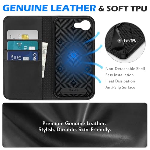 SHIELDON Genuine Leather Folio Wallet Case for iPhone 17e/16e 6.1", Black | Flip Magnetic Cover, Kickstand, RFID Blocking, 3 Credit Card Holder, Book Design, Shockproof, Soft Inner Phone Case - color: Black