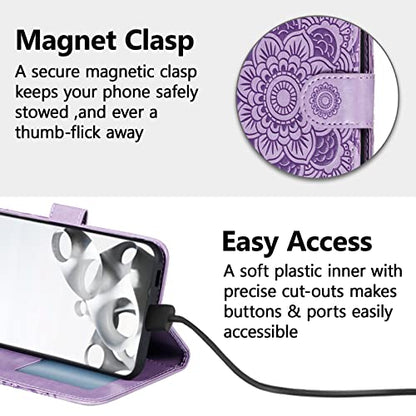 EYZUTAK Case for iPhone 13 Pro, Premium PU Leather Magnetic Flip Wallet Case with Card Holder Cash Slot Lanyard Strap Kickstand Function Embossed Mandala Flower Pattern Shockproof Cover - Purple - color: Purple, size: iPhone 13 Pro