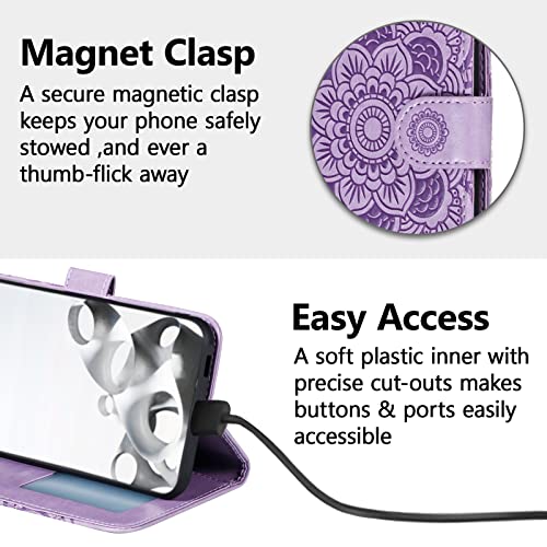 EYZUTAK Case for iPhone 13 Pro Max, Premium PU Leather Magnetic Flip Wallet Case with Card Holder Cash Slot Lanyard Strap Kickstand Function Embossed Mandala Flower Pattern Shockproof Cover - Purple - color: Purple, size: iPhone 13 Pro Max