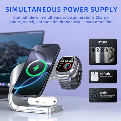 3 in 1 Wireless Charging Station with Cooling for iPhone, Watch & AirPods - color: Silvery
