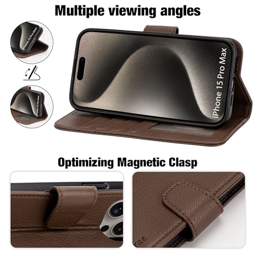 Arae Compatible with iPhone 15 Pro Max Case with Card Holder and Wrist Strap Wallet Flip Cover for iPhone 15 Pro Max 6.7 inch Men RFID Blocking, Wristlet, Kickstand,Litchi Brown - color: Litchi Brown, size: iPhone 15 Pro Max 6.7 inch