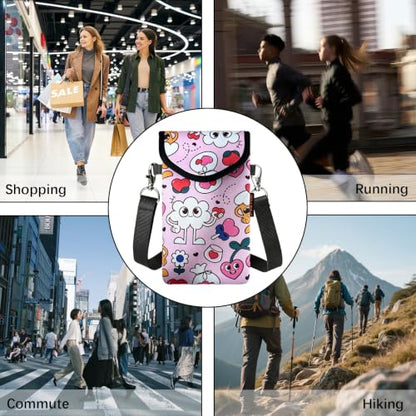 Neoprene Phone Sleeve Pouch Case Bag for Men Women w/Crossbody Strap/Neck Lanyard for iPhone 17/16/15/14 Pro Max, Samsung S25，Pixel 10 - color: Pink Cute Cartoon Hearts