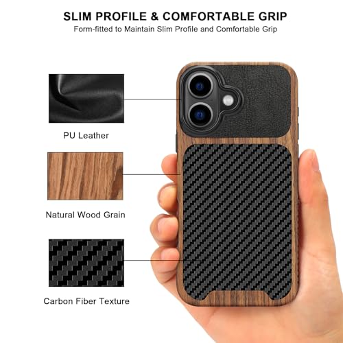 TENDLIN Magnetic Case Compatible with iPhone 16 Phone Case Wood Grain with Carbon Fiber Texture Design Leather Hybrid Slim Case (Compatible with MagSafe) Black - color: Magnetic Black, size: iPhone 16