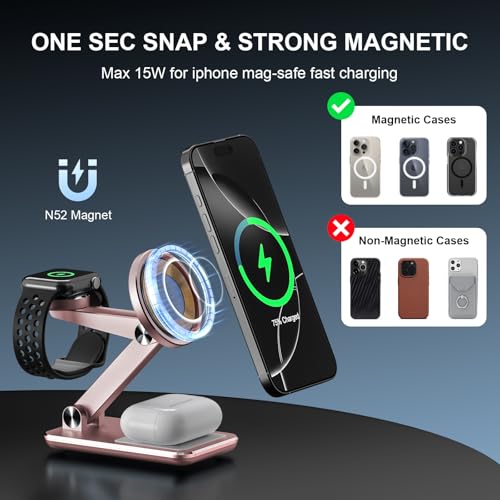 Wireless Charger 3 in 1,Foldable Wireless Charging Station for Apple MagSafe Charger,Aluminum Portable Magnetic Travel Charger Stand for iPhone,Watch,Aipods (with 20W Adapter & Case) - color: Gold