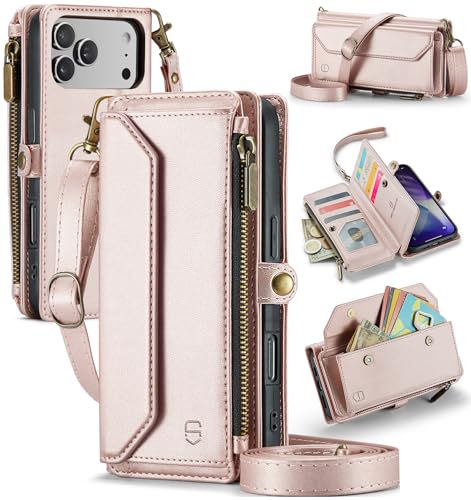 Strapurs for iPhone 17 Pro Max - Zipper Strap Wallet Case Women, Rose Gold | RFID Blocking 10-Card Holder, Shoulder Lanyard, Wirst Strap, Zipper Pocket, Magnetic Snap, Soft PU Leather, Phone Flip Cover - color: Rose Gold, size: iPhone 17 Pro Max - 6.9"