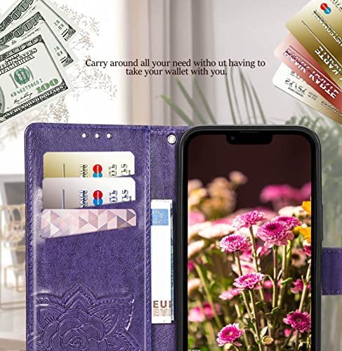 for iPhone 13 Pro Case Wallet for Women,Purple | Flip Folio Butterfly Embossed PU Leather Kickstand Credit Card Holder Slots Magnetic Wrist Strap Phone Cover - color: Purple