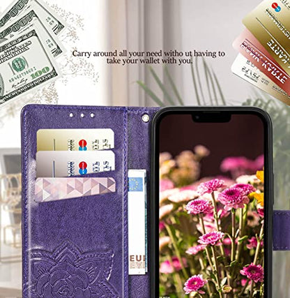 for iPhone 13 Pro Case Wallet for Women,Purple | Flip Folio Butterfly Embossed PU Leather Kickstand Credit Card Holder Slots Magnetic Wrist Strap Phone Cover - color: Purple