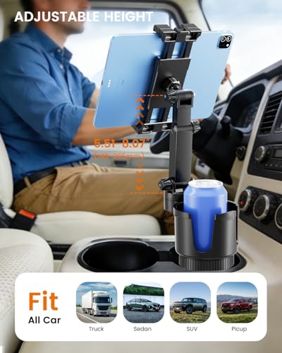 OHLPRO Cup Holder Tablet Mount for Car, Anti-Shake iPad Stand with Drink Holder Fits 5-17" iPad, Tab S10, iPhone, Heavy Duty Truck Vehicle Auto Accessories, Dual Handle Slots Large Mugs - size: 5-17'' Clamp+4.33''Cup