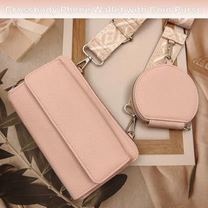 Cell Phone Crossbody Lanyard with Zipper Pouch PU Leather Crossbody Phone Bags Purses with Strap Wallet - color: Pink