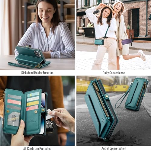 Strapurs Wallet Case Compatible with iPhone 14 Pro Max RFID Blocking 10-Card Holder Soft PU Leather Magnetic Snap Shoulder Strap Zipper Pocket Phone Case Fit for iPhone 14 Pro Max - Blue Green | RFID Blocking 10-Card Holder, Shoulder Lanyard, Wirst Strap,